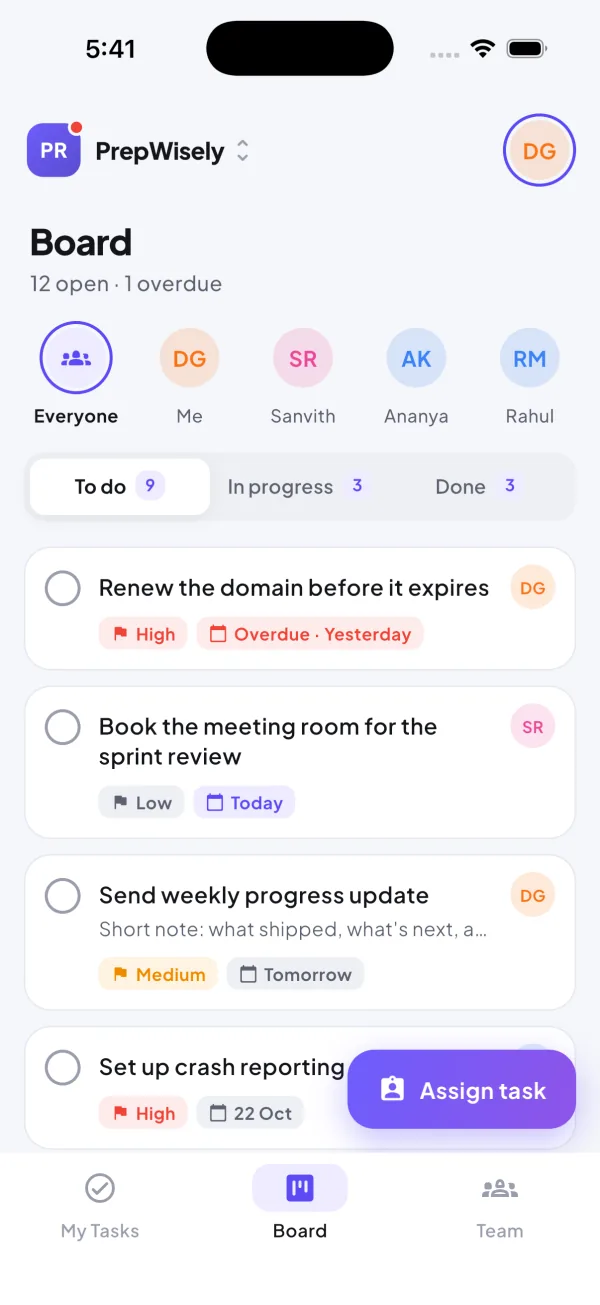 Board screen: everyone's open tasks, filterable by person, with overdue and due-today tasks marked