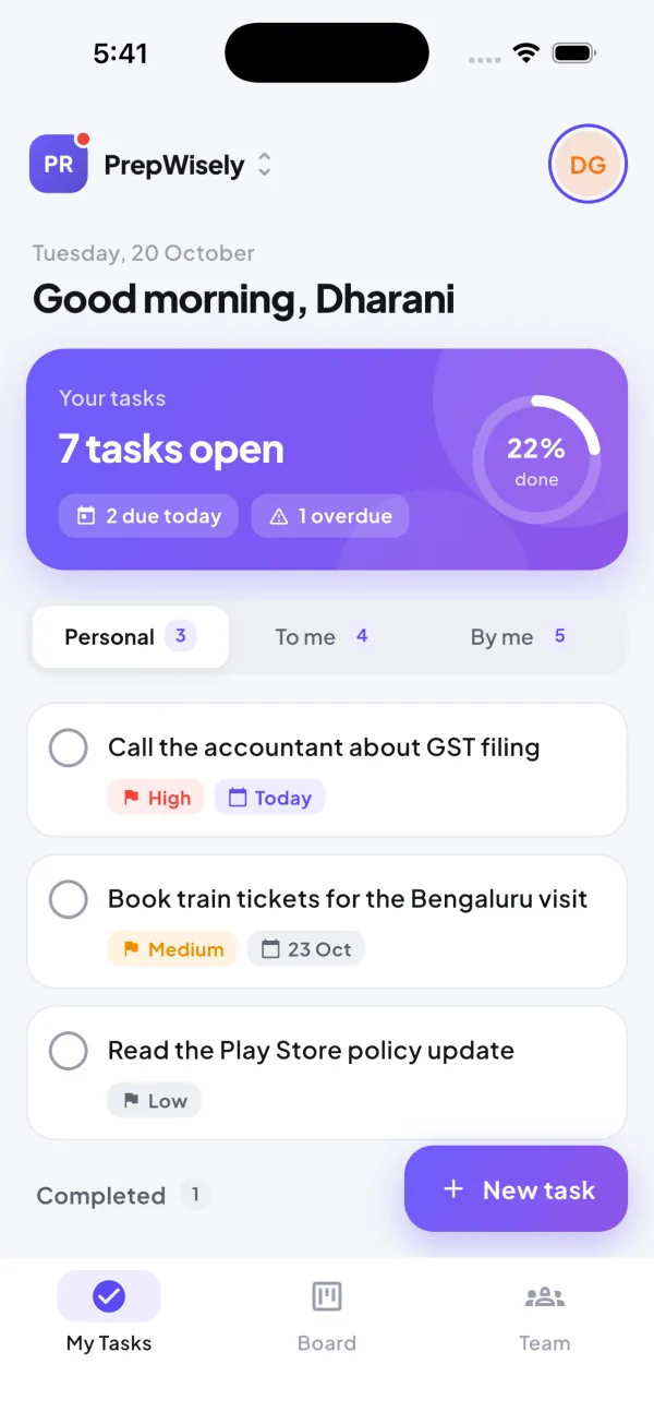 My Tasks screen: 7 tasks open, 2 due today and 1 overdue, with a list of personal to-dos